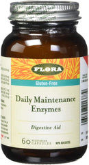 Front label on amber glass bottle – Close-up view of a brown glass bottle with a silver screw cap; the label reads “Flora Daily Maintenance Enzymes,” notes it's non-GMO, gluten-free, vegan, and lists “60 vegetarian capsules.