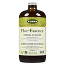 A bottle of Flora Flor-Essence Herbal Cleanse, with a label displaying the product name and information such as being organic, gluten-free, kosher, non-GMO, and vegan.
