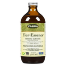 A bottle of Flora Flor-Essence Herbal Cleanse, with a label displaying the product name and information such as being organic, gluten-free, kosher, non-GMO, and vegan.