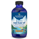 Bottle of Nordic Naturals Arctic Cod Liver Oil in Orange flavor, showcasing the vibrant orange label and product design.