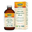 A bottle of Flora Udo's Choice Udo's Oil Omega 3+6+9 Blend +DHA next to its packaging box.