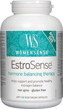 A bottle of WomenSense EstroSense BONUS SIZE with 150 vegetarian capsules for hormone balancing therapy.