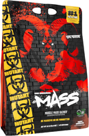 Mutant Mass muscle mass gainer supplement packaging with red and yellow design.