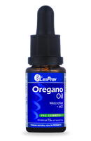 A bottle of CanPrev Pro Essentials Oil of Oregano with a dropper, against a white background.