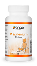 Orange Naturals Magnesium Glycinate 180 mg supplement bottle with 60 vegetarian capsules, designed to support muscle relaxation, reduce stress, and promote healthy sleep.
