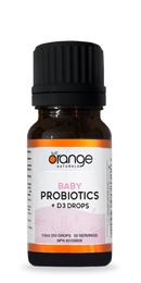A bottle of Orange Naturals Baby Probiotics + D3 Drops with a label showing the product name and description.