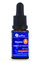 A bottle of CanPrev Vitamin A drops with a dropper, labeled with 10,000 IU of Vitamin A per drop and 450 drops per bottle.