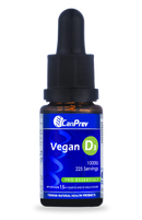 A bottle of CanPrev Vitamin D3 Vegan 1000 IU Drops with a dropper, against a white background.