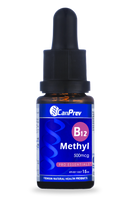 A 15 mL bottle of CanPrev B12 Methyl 500 mcg supplement, designed to support energy production and nervous system health, featuring a dropper cap for easy liquid dosing.