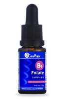 A bottle of CanPrev B9 Folate 200 mcg supplement with a dropper, against a white background.