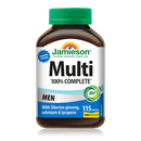 A bottle of Jamieson 100% Complete Multivitamin for Men with 115 caplets. The bottle is green and white with product information and branding visible.