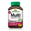 A bottle of Jamieson 100% Complete Multivitamin for Women 50+ with 115 caplets. The label is predominantly pink and green with text detailing the product's purpose and contents.