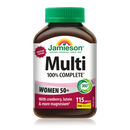 A bottle of Jamieson 100% Complete Multivitamin for Women 50+ with 115 caplets. The label is predominantly pink and green with text detailing the product's purpose and contents.