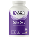 A bottle of AOR Ortho Core multivitamin supplements, containing 180 capsules, with a purple and white label.