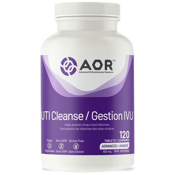 Supplement bottle labeled 'AOR UTI Cleanse/Gestion IVU' on a white background