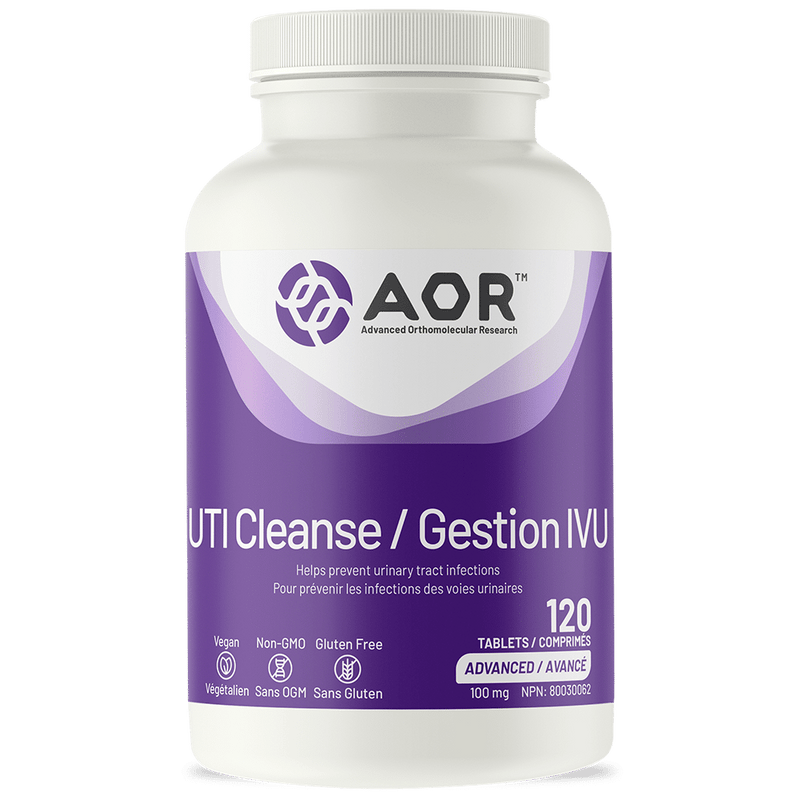 Supplement bottle labeled 'AOR UTI Cleanse/Gestion IVU' on a white background