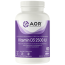 A bottle of AOR Vitamin D3 2500 IU capsules with 60 servings.