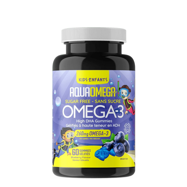 AquaOmega Kids Omega-3 Sugar Free High DHA 260 mg - Blueberry (60 Gummies) [Clearance]