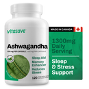 Vitasave Ashwagandha (120 VCaps) bottle showcasing natural stress-relief and energy-boosting benefits.