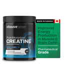 A container of Vitasave Sport Pure Micronized Creatine Monohydrate with labels indicating it's a product to improve energy production in muscle and brain cells, and it's a pharmaceutical grade supplement.