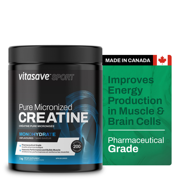 A container of Vitasave Sport Pure Micronized Creatine Monohydrate with labels indicating it's a product to improve energy production in muscle and brain cells, and it's a pharmaceutical grade supplement.