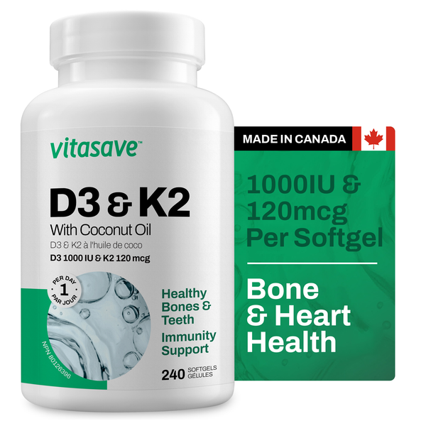 Vitasave Vitamin D3 & K2 Softgels - High Potency 1000 IU D3 & 120 mcg K2 (240 Softgels)