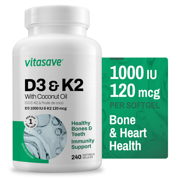 Vitasave Vitamin D3 & K2 Softgels - High Potency 1000 IU D3 & 120 mcg K2 (240 Softgels)