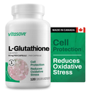 A bottle of Vitasave L-Glutathione 50 mg with 120 vegetable capsules. The label indicates that it is a powerful antioxidant supplement, reduces oxidative stress, and is made in Canada.