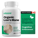 Front view of Vitasave Organic Lion's Mane supplement bottle with 120 vegetable capsules, highlighting its natural cognitive support benefits.