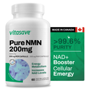 Front view of Vitasave Pure NMN 200 mg bottle – white plastic bottle with a green-and-white label reading “Pure NMN 200 mg,” containing 60 vegetarian capsules, standing upright against a plain white background.