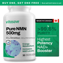 Vitasave Pure NMN 500mg supplement bottle with promotional text on a white background