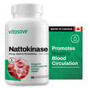 A bottle of Vitasave Nattokinase 100 mg capsules and a packaging panel highlighting the product's benefits for cardiovascular health and blood circulation. The product is marked as made in Canada.