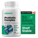 A bottle of Vitasave Probiotic Complex with a label stating 50 Billion Live Cells and that it's shelf stable. The product is made in Canada.