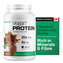 A container of Vitasave Vegan Protein powder in chocolate flavor. The label shows the product is rich in minerals and fibre, has 20g of protein, and is vegan.