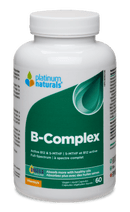 A bottle of Platinum Naturals B-Complex supplements with 60 VCaps. The label is green and white, with an image of a leaf, indicating the product is likely a natural or herbal supplement.