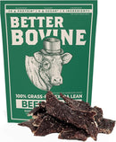 Better Bovine 100% grass-fed extra lean beef jerky in 50g packaging on a wooden table