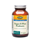 Bottle of Flora Super 8 Plus Probiotic featuring vibrant blue‑green label with ‘25 Billion Viable Cells’ prominently displayed, along with a stack of vegetable capsules beside it on a white background.