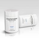 Label close-up revealing ‘300 mg L‑Glutathione per capsule,’ antioxidant benefits, and Codeage branding in clean typography.