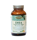 Bottle of Flora DHA Vegetarian Algae supplement with 60 vegan capsules on a white background.