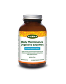 A bottle of Flora Daily Maintenance Enzymes containing 120 vegetarian capsules, featuring a clean, modern label with green and white colors, designed to support daily digestive health.