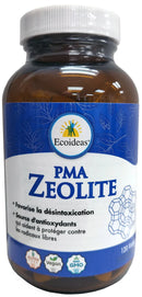 A bottle of Ecoideas PMA Zeolite supplement with 120 vegan capsules, labeled for detoxification support.
