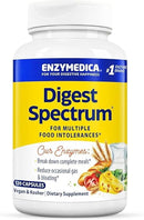 Close-up of Enzymedica Digest Spectrum bottle displaying 120 capsules, highlighting the product's label and dosage information.