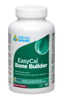 A bottle of Platinum EasyCal Bone Builder softgels, with branding and product information displayed on the label.