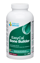 A bottle of Platinum EasyCal Bone Builder softgels, with branding and product information displayed on the label.