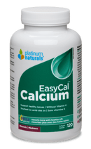 A bottle of Platinum EasyCal Calcium Extra Strength Softgels by Naturals, with green and white labeling.