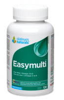 Bottle of Platinum Naturals EasyMulti Multivitamin with 120 softgels displayed on a white background