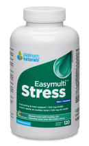 Bottle of Platinum Easymulti Stress Multivitamin for Men (120 Softgels) – formulated to support energy, immune health, and stress reduction.