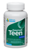 A bottle of Platinum Naturals Easymulti Teen multivitamin softgels for young men.