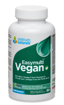 Multivitamin bottle labeled 'Easymulti Vegan' by Platinum Naturals on a white background