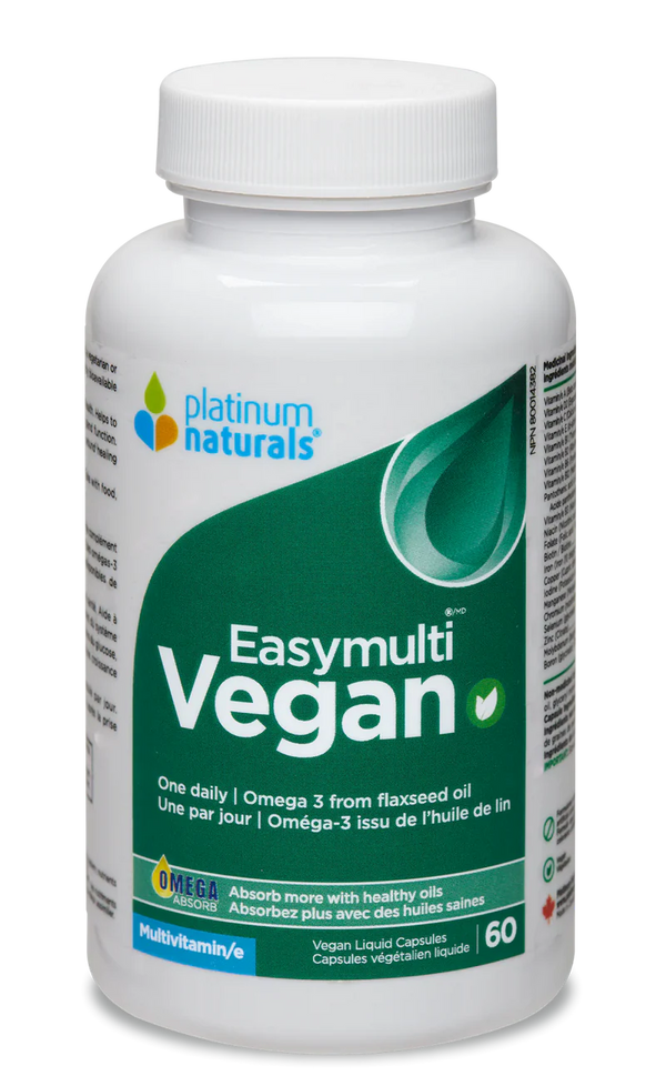 Multivitamin bottle labeled 'Easymulti Vegan' by Platinum Naturals on a white background